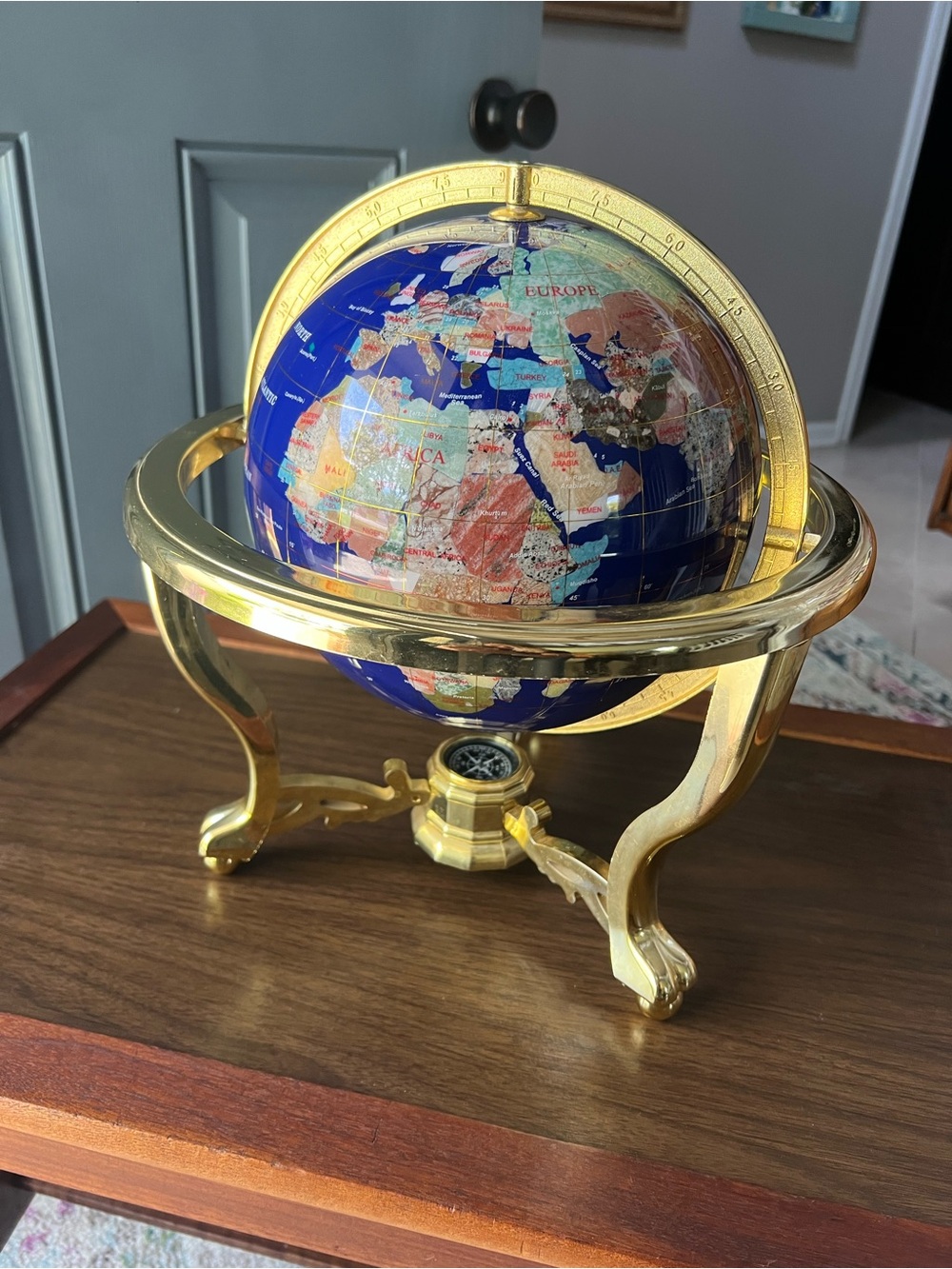 GORGEOUS Decorative Lapis Blue Globe with Brass Style Tripod Stand and Compass